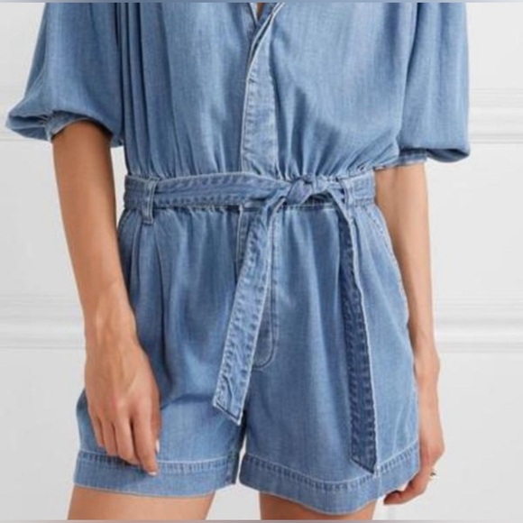 FRAME Cali Denim Romper Size S Blue Belted, Puff Sleeve, Button Front - Picture 2 of 11